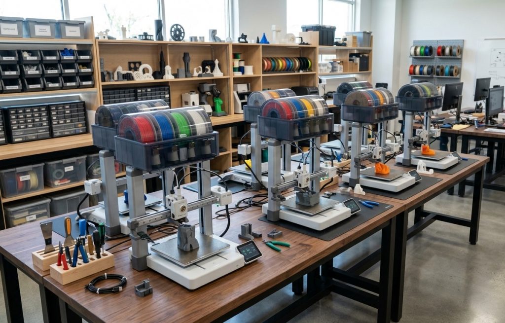 Stanowiska druku 3D – kilka drukarek Bambu Lab A1 z podajnikami filamentu w pracowni
