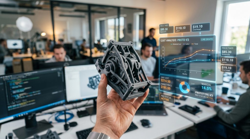 Dłoń trzymająca wydrukowany 3D prototyp mechanizmu, obok wykres analizy kosztów produkcji