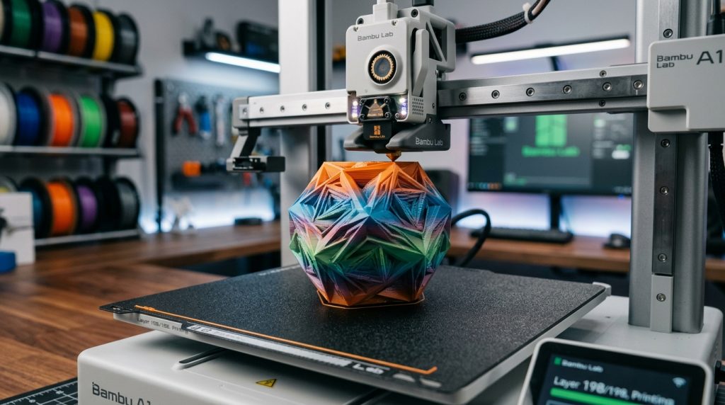 Drukarka 3D kończąca wydruk kolorowego, fasetowanego modelu geometrycznego