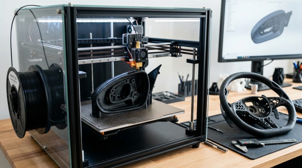 Zabudowana drukarka 3D drukująca czarną obudowę lusterka samochodowego, obok wydrukowana kierownica