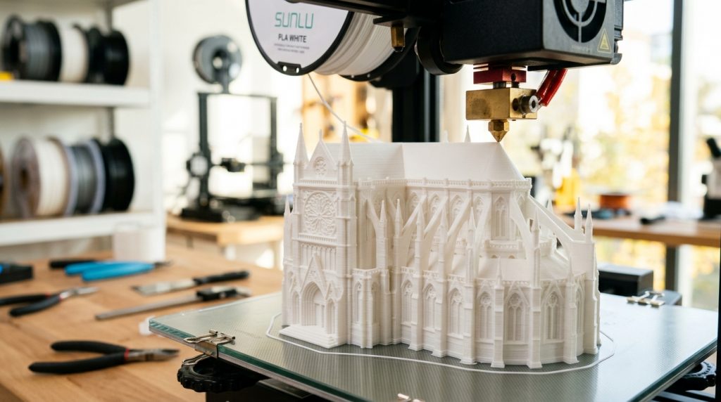 Drukarka 3D wykonująca biały model gotyckiej katedry z filamentu PLA