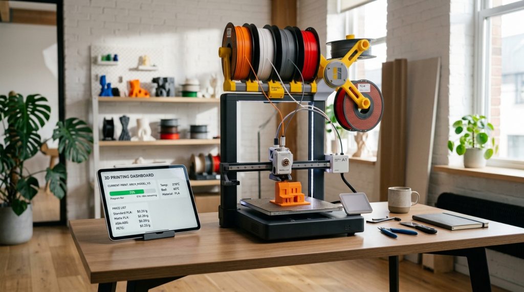 Drukarka 3D z tabletem pokazującym postęp wydruku i cennik materiałów w jasnej pracowni