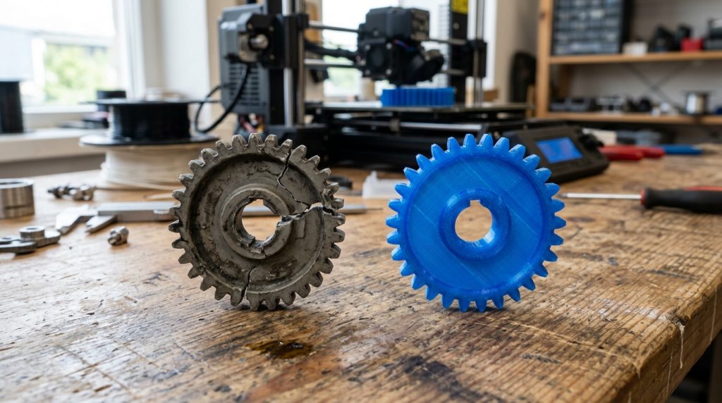 Pęknięte metalowe koło zębate obok dorobionego zamiennika z druku 3D