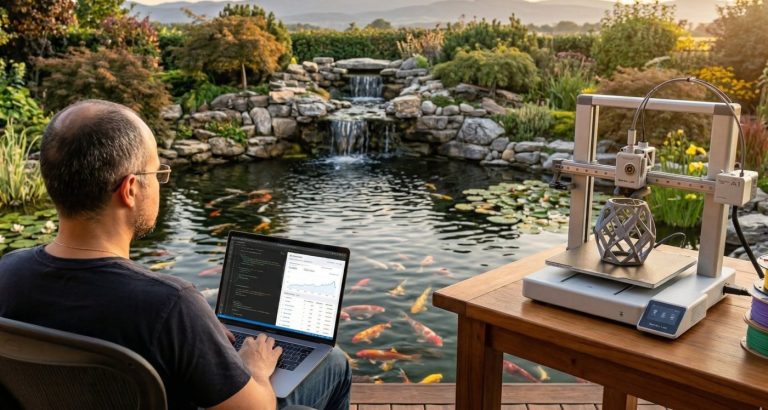 Laptop z modelem 3D obok pracującej drukarki Bambu Lab A1