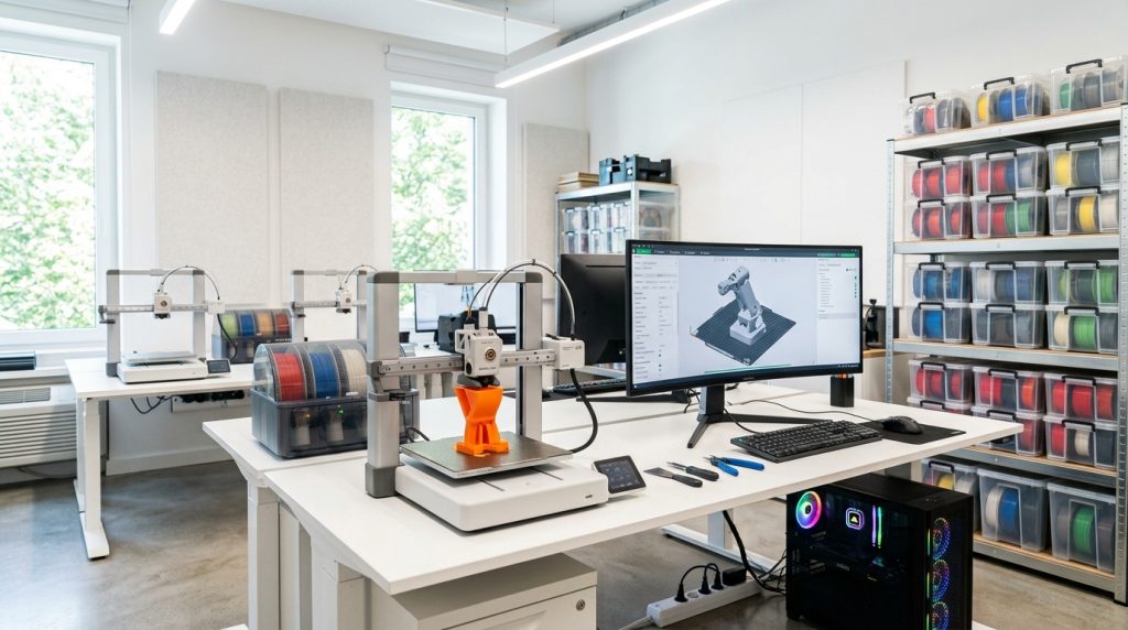 Jasna pracownia druku 3D z drukarką FDM, pomarańczowym wydrukiem i regałem filamentów w pojemnikach