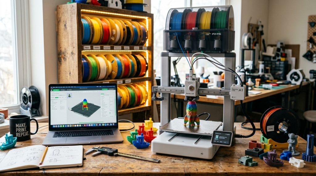 Biurko z drukarką 3D, notesem ze szkicem części, suwmiarką i modelem otwartym w programie do cięcia