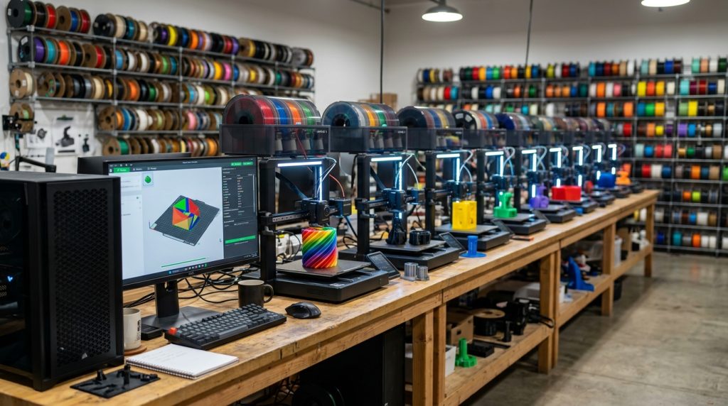 Długi blat z rzędem pracujących drukarek 3D i ścianą filamentów w tle
