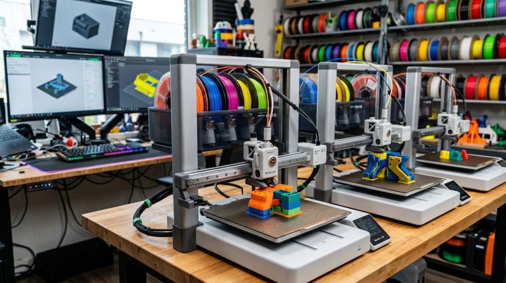 Trzy drukarki 3D z podajnikami wielokolorowymi drukujące równolegle, obok monitor z modelem CAD