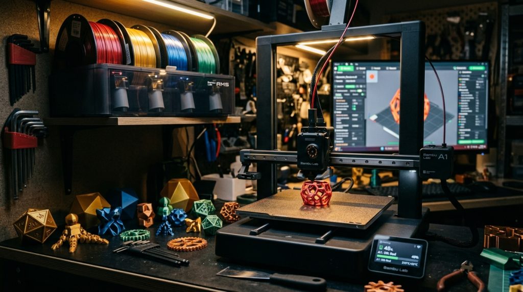 Drukarka 3D w warsztacie, na blacie wydrukowane kości do gry, koła zębate i figurki