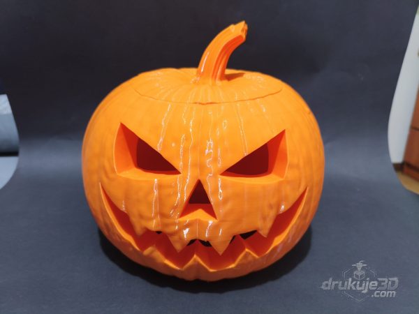 Pomarańczowa dynia halloweenowa z druku 3D o wysokości 24 cm, z wyciętą twarzą i podświetleniem od środka