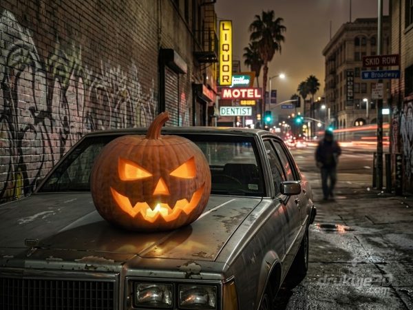 Pomarańczowa dynia halloweenowa z druku 3D o wysokości 24 cm, z wyciętą twarzą i podświetleniem od środka