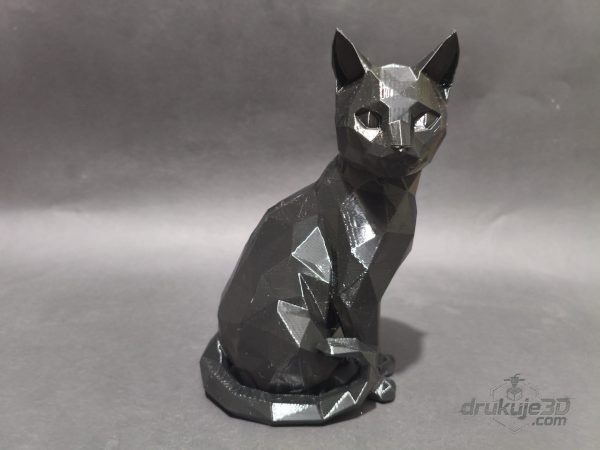 Czarna figurka siedzącego kota w stylu low poly, wysokość 20 cm, wydruk 3D z PETG