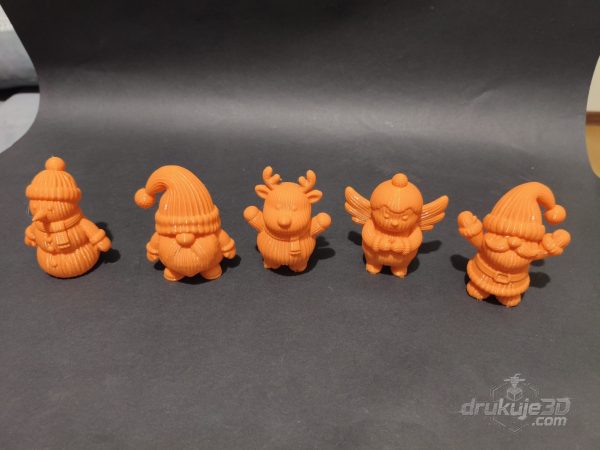 Komplet pięciu figurek świątecznych z druku 3D po 8 cm: Mikołaj, bałwan, renifer, aniołek i skrzat